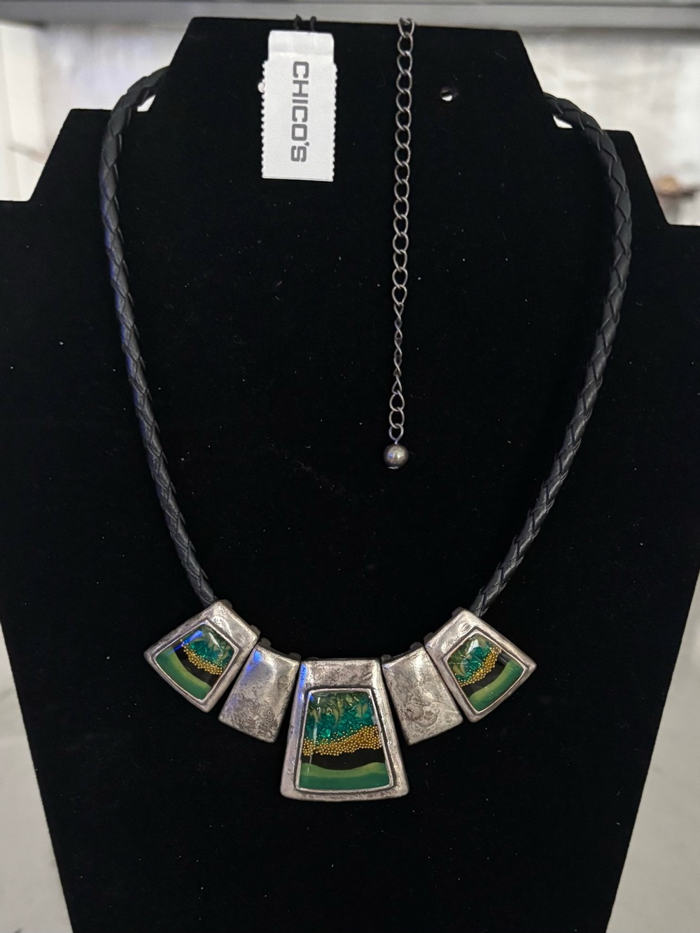 Chico’s NWT Vintage Mosaic Enameled Black Braided Necklace Silver-Tone Green